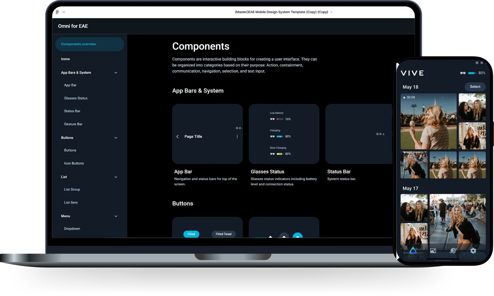筆電上的 Omni 組件庫與手機上生成的相簿原型