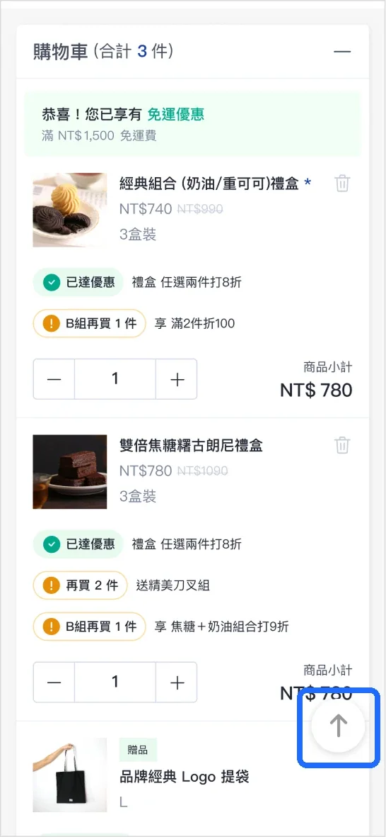 購物車區展示商品與優惠，右下為回到頂部入口